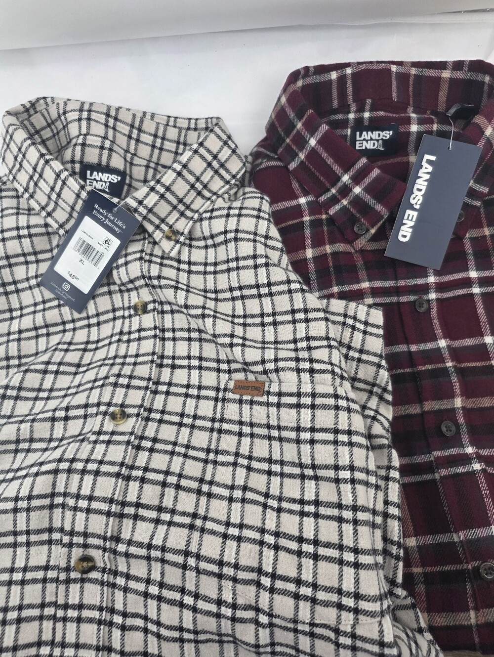 Lands' End Shirt Mens XL  Plaid Flannel Long Sleeve Button Red  Tan Lot Of 2 NWT